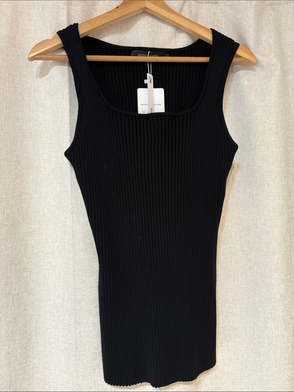 MEROKEETY Black Ribbed Square Neck Tank Top Sleeveless Fitted Basic Size L